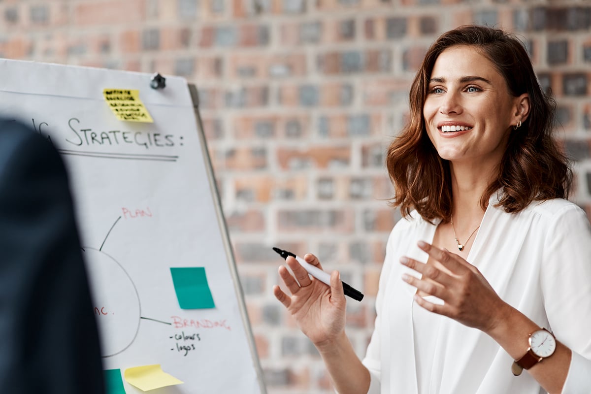 Shot of a young businesswoman presenting notes on a whiteboard in an office