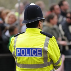 The back of a policeman who is facing a crowd.