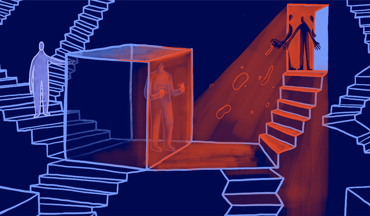 A still video image from Micheals Story. Various staircases appear on a dark blue background. A silhoutted figure stands on the stairs behind a glass box with another figure trapped inside. At the top of another staircase more figures peer through an open doorway.