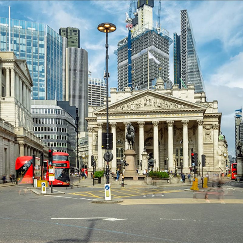 A photo from across the street of the Bank of England