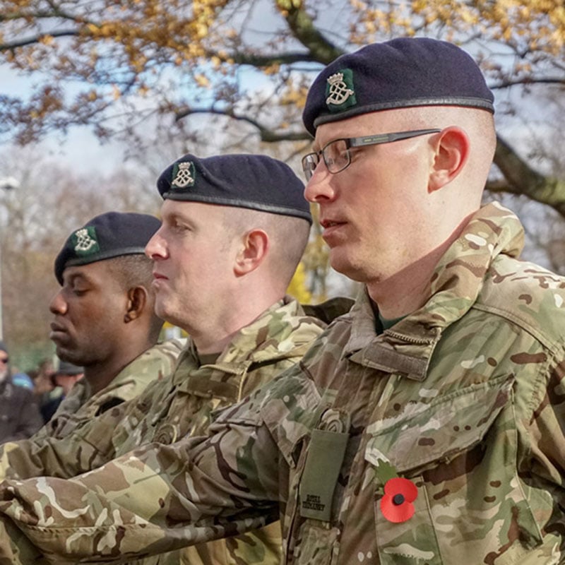 Three soldiers marching in uniform