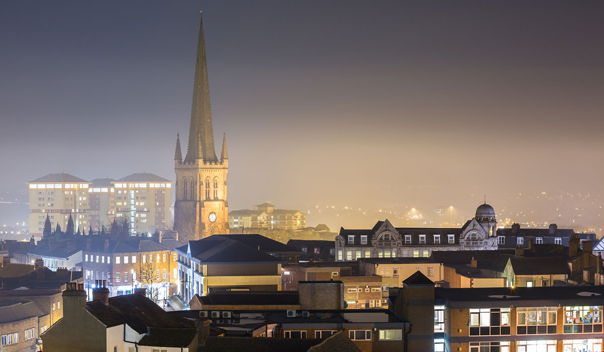 The city of Wakefield skyline at night