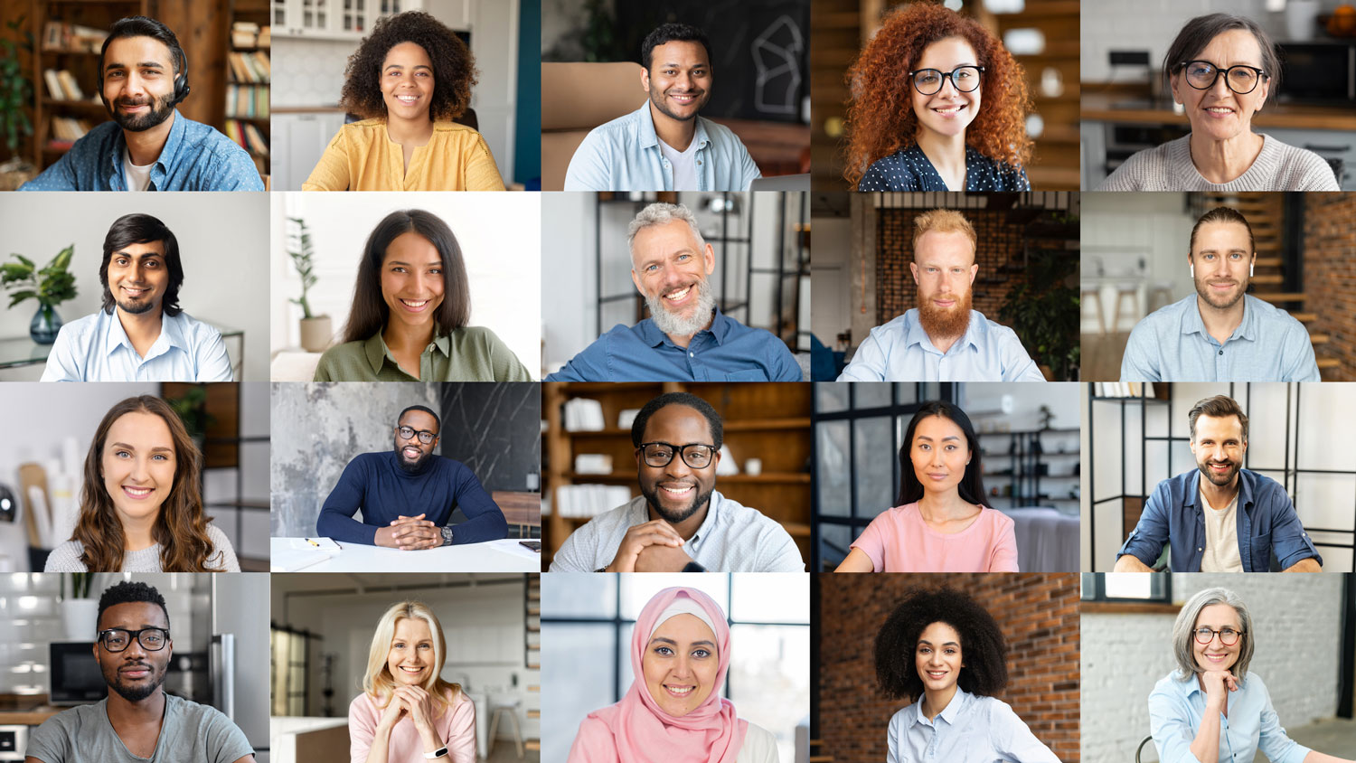 Conference call, shared screen, portraits of employees