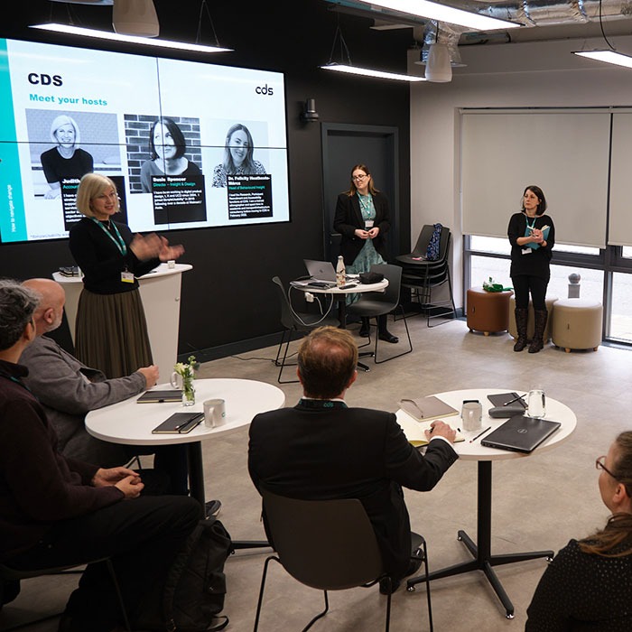 A group of people watch a presentation from the CDS Insight team