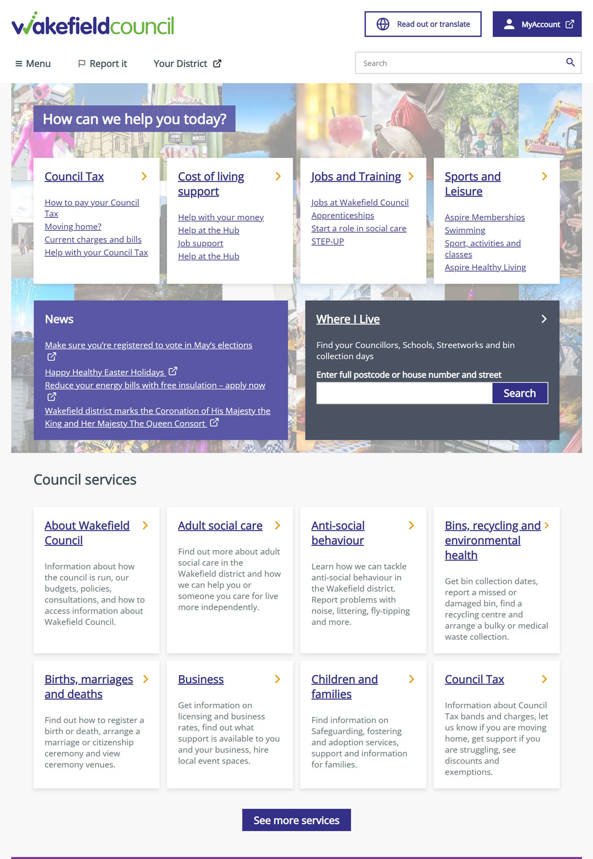 Screenshot of the Wakefield Council website