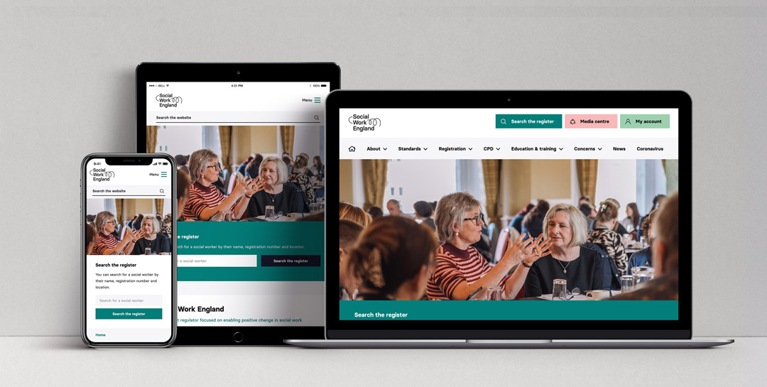 Social Work England platform shown on different devices