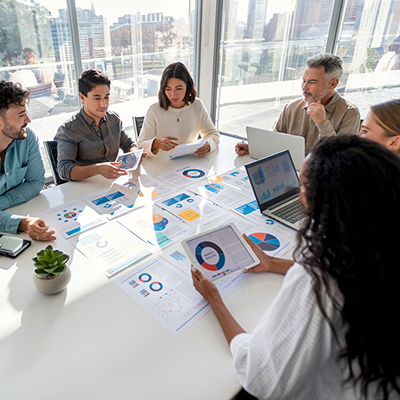 Group of people working with paperwork on a board room table at a business presentation. The documents have financial or marketing figures, graphs and charts on them. There is a laptop and digital tablet on the table.